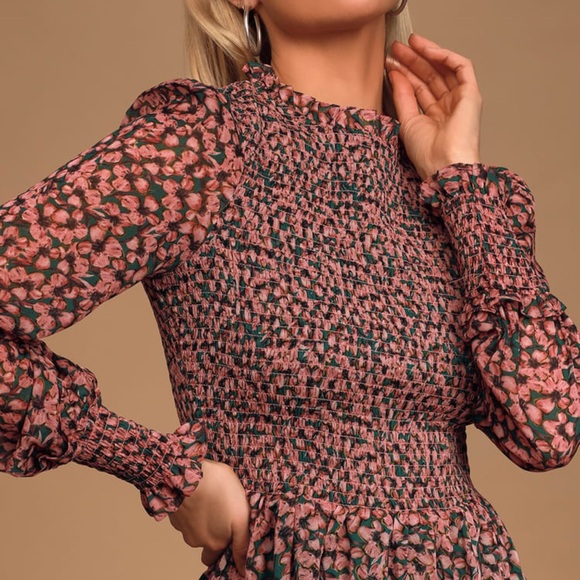 Floral Forever Green and Pink Floral Print Smocked Skater Dress - Picture 1 of 13